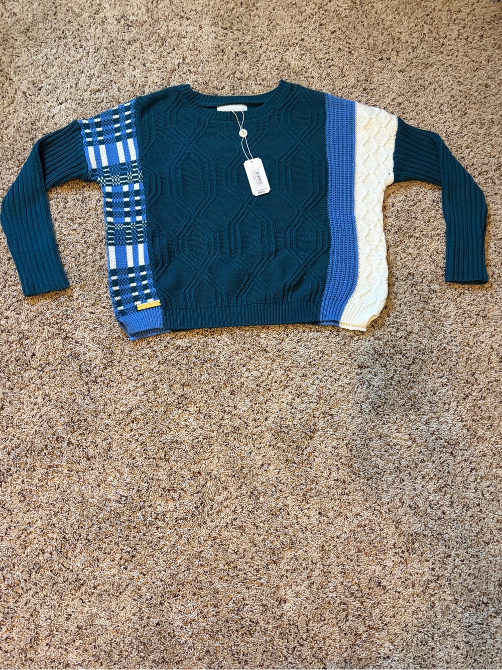 Simply Southern Teal Mixed-Panel Crewneck Sweater with Blue and Cream Accents